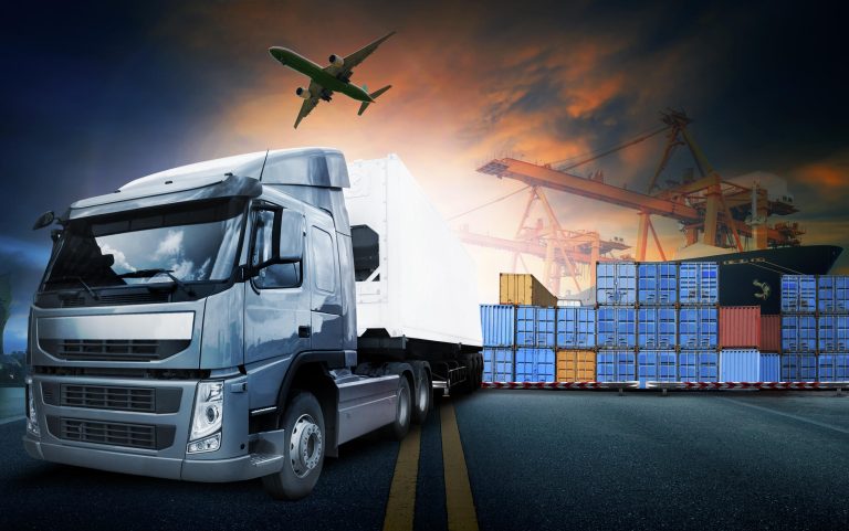 container truck ,ship in port and freight cargo plane in transport and import-export commercial logistic ,shipping business industry